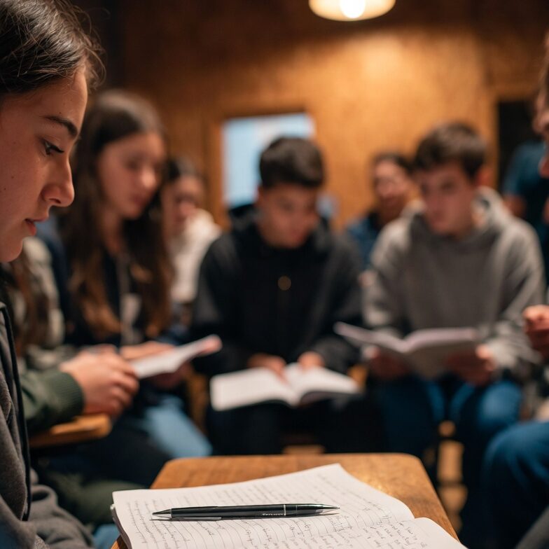 Group Story Sharing Activity
Students gathered in a circle or semi-circle, listening to one student read aloud, with a warm, collaborative classroom atmosphere.